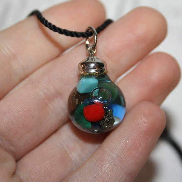 Beautiful black cord necklace with pendant filled with beads 24" - Picture 2 of 5